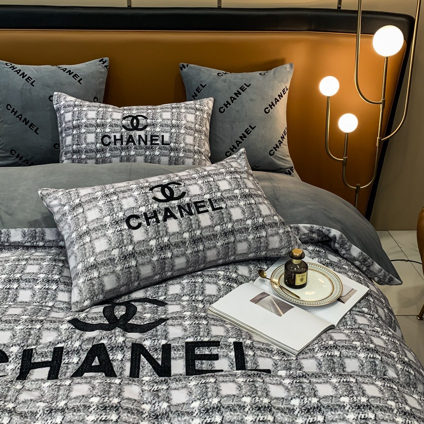 Luxury Branded Chanel Logo Milk Velvet Bedding Set