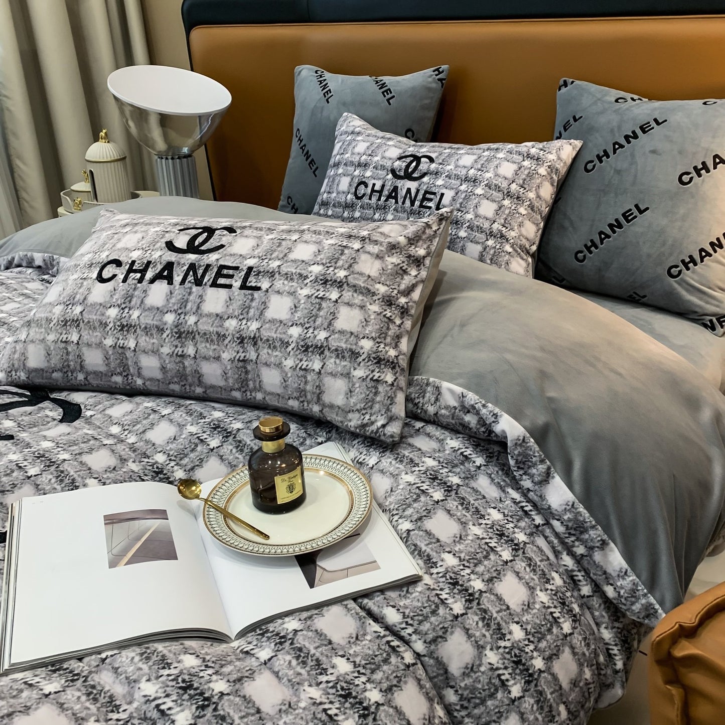 Luxury Branded Chanel Logo Milk Velvet Bedding Set