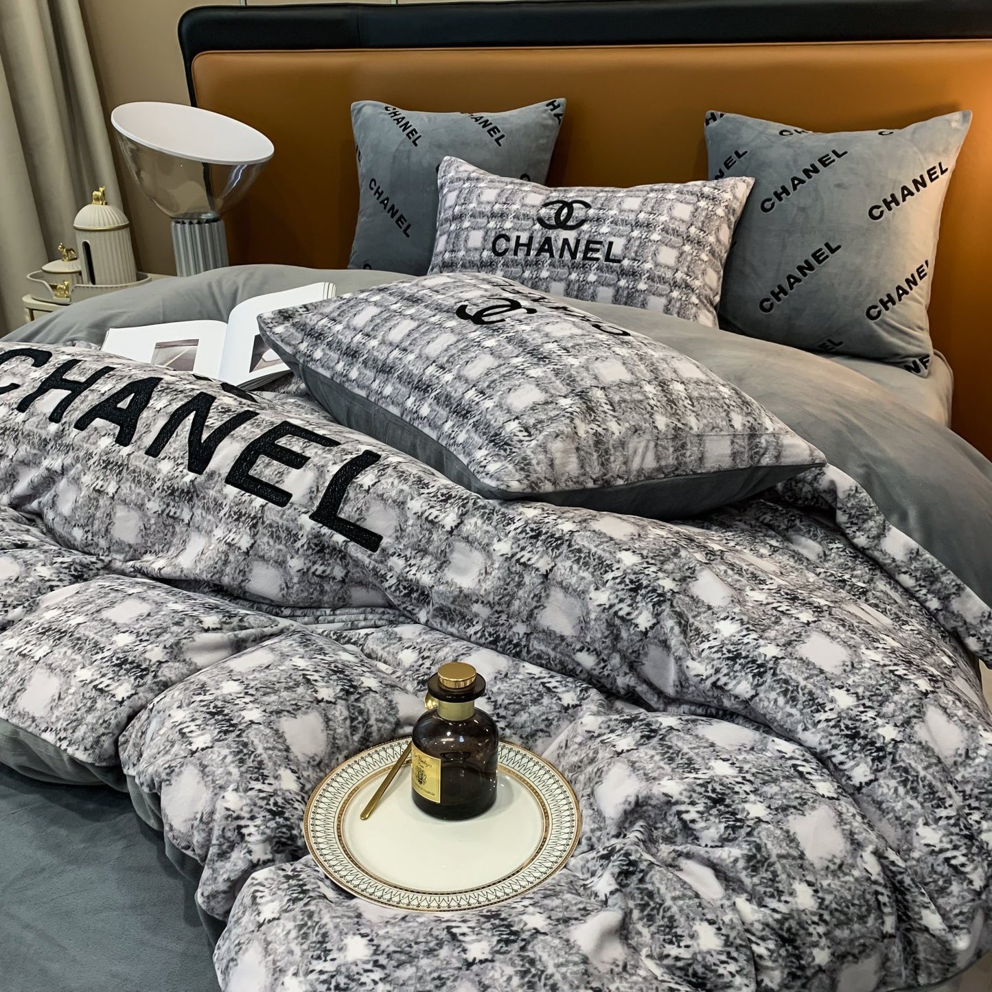 Luxury Branded Chanel Logo Milk Velvet Bedding Set