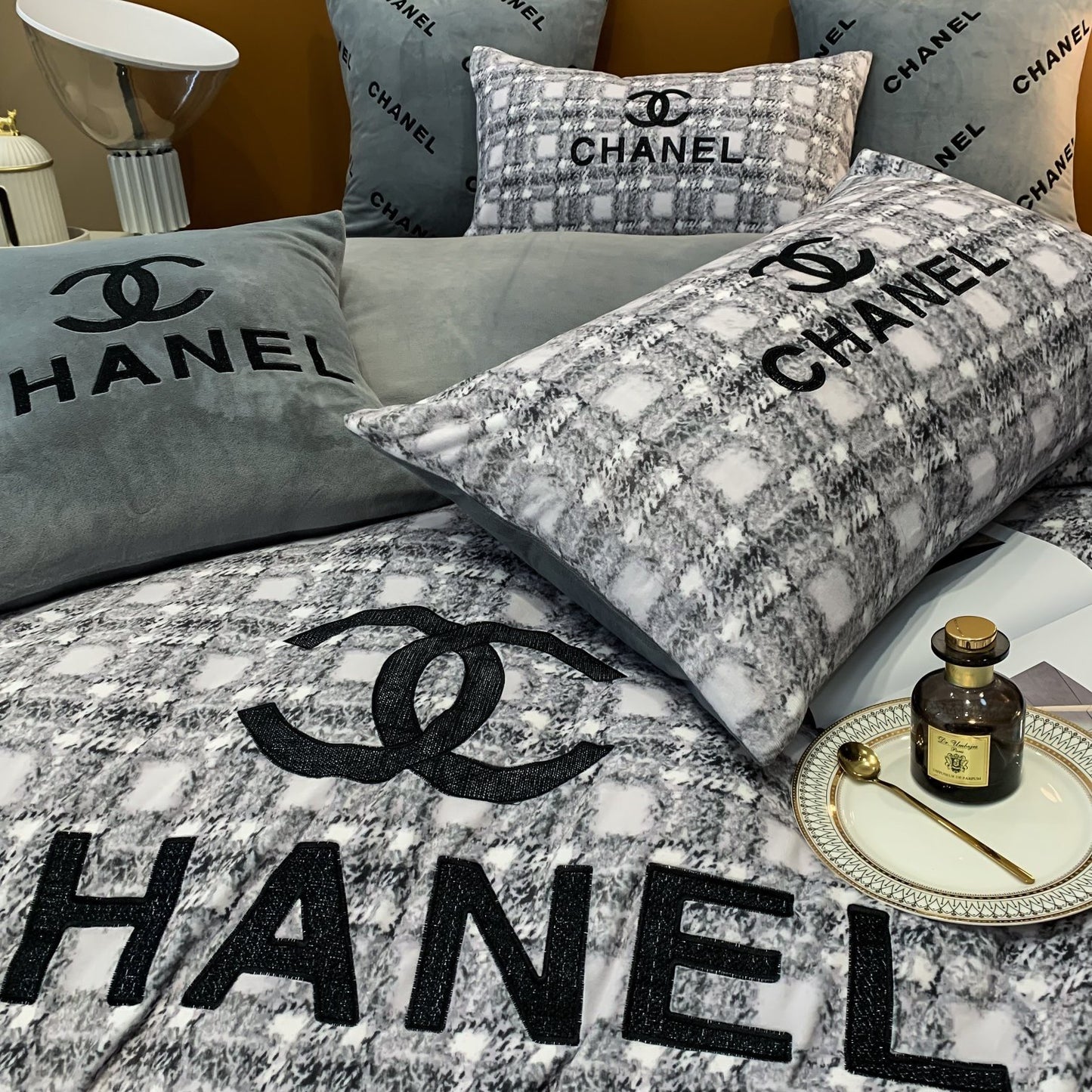 Luxury Branded Chanel Logo Milk Velvet Bedding Set