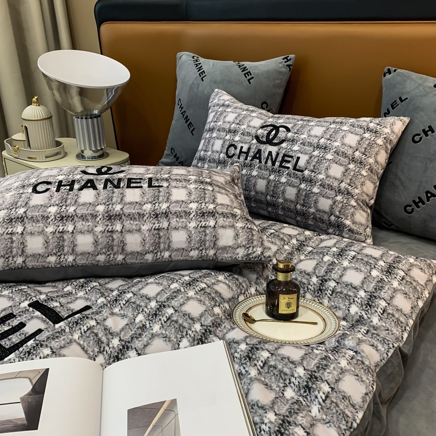 Luxury Branded Chanel Logo Milk Velvet Bedding Set