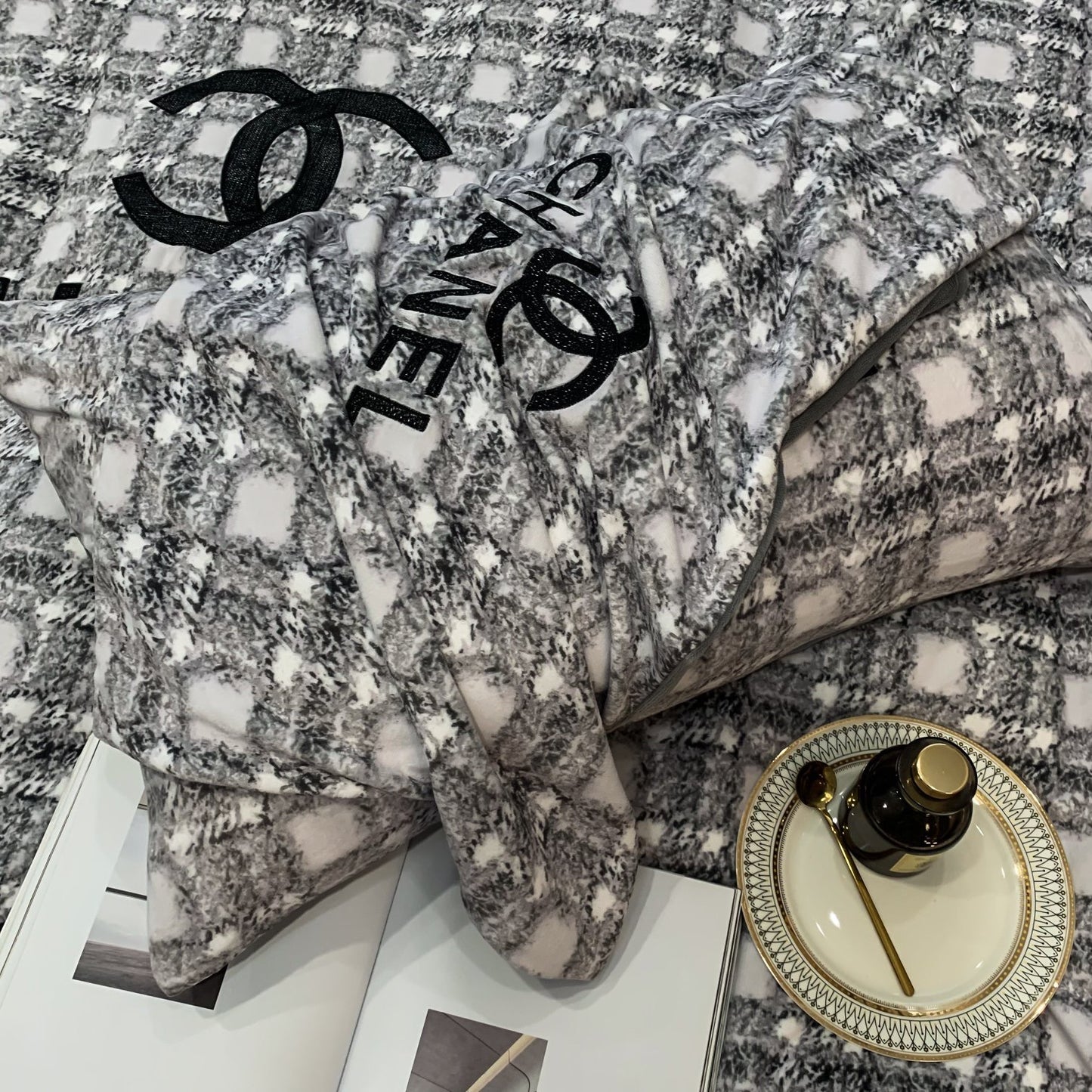 Luxury Branded Chanel Logo Milk Velvet Bedding Set