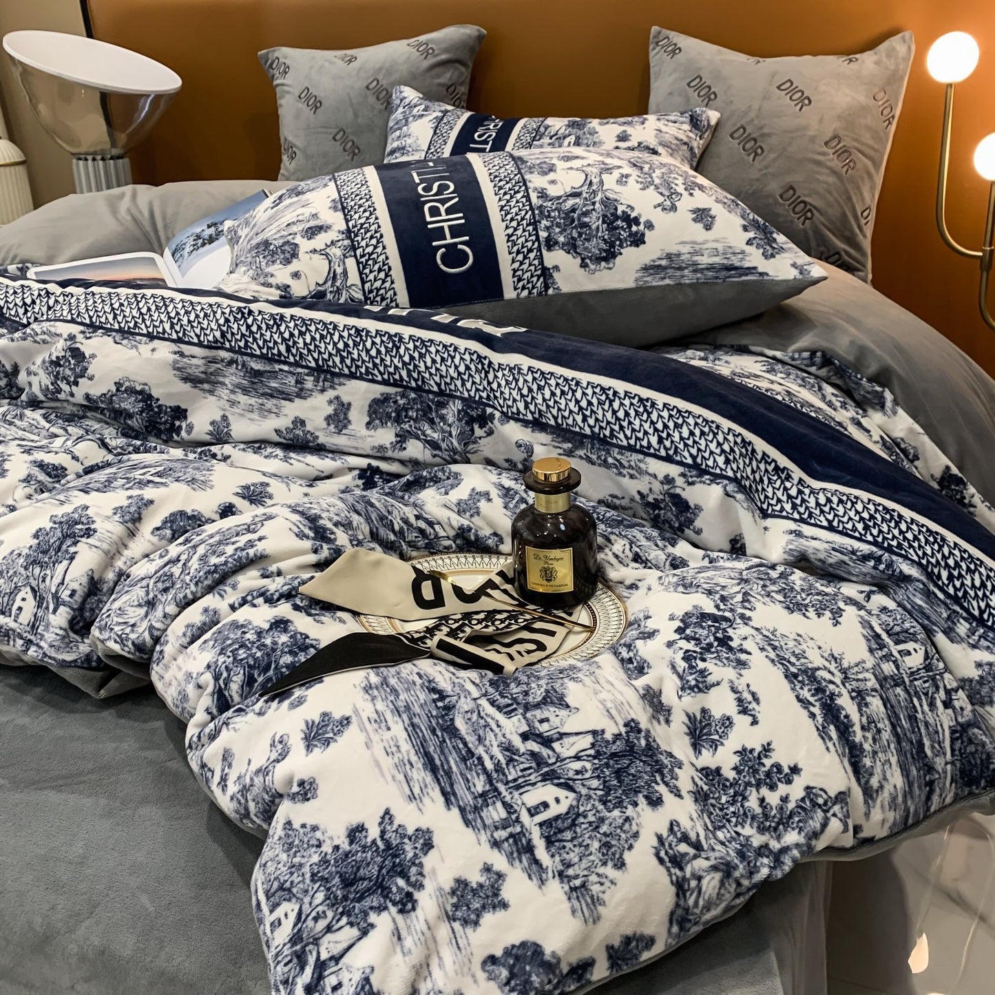 Classic Blue Christian Dior Milk Velvet Bedding Set