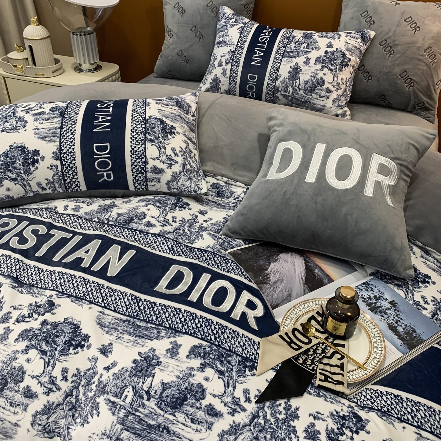 Classic Blue Christian Dior Milk Velvet Bedding Set