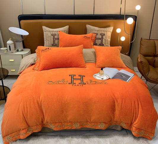 Classic Orange Hermes Big H Logo Milk Velvet Bedding Set