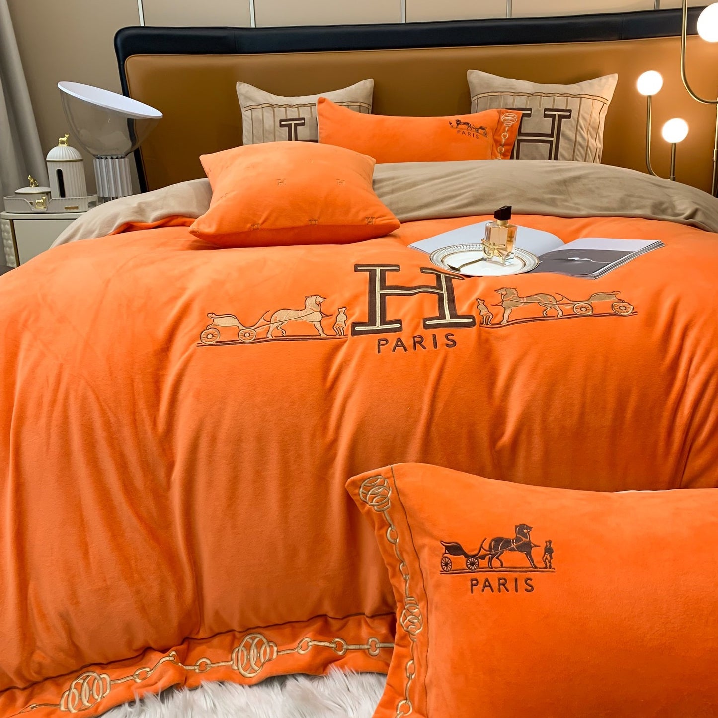 Classic Orange Hermes Big H Logo Milk Velvet Bedding Set