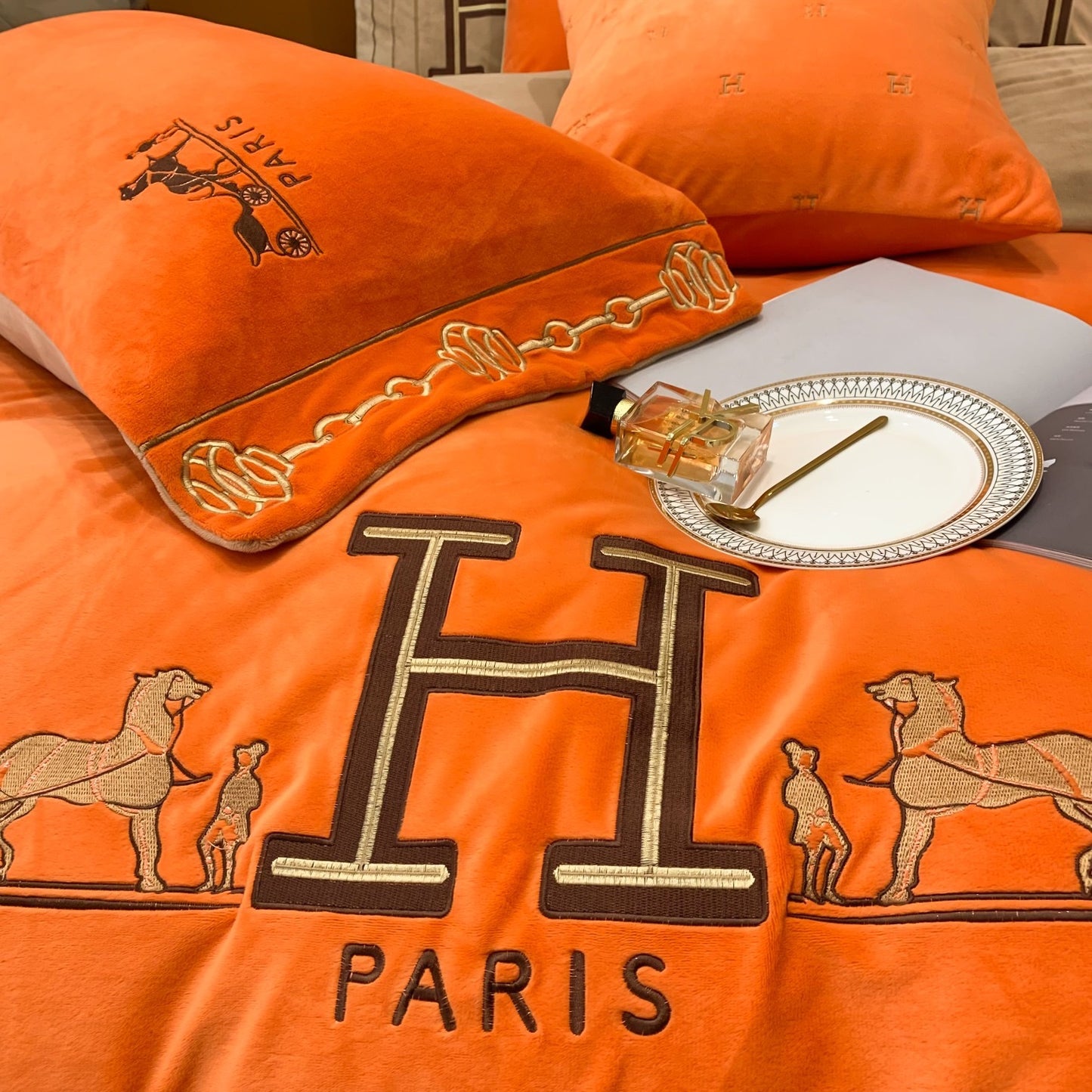 Classic Orange Hermes Big H Logo Milk Velvet Bedding Set