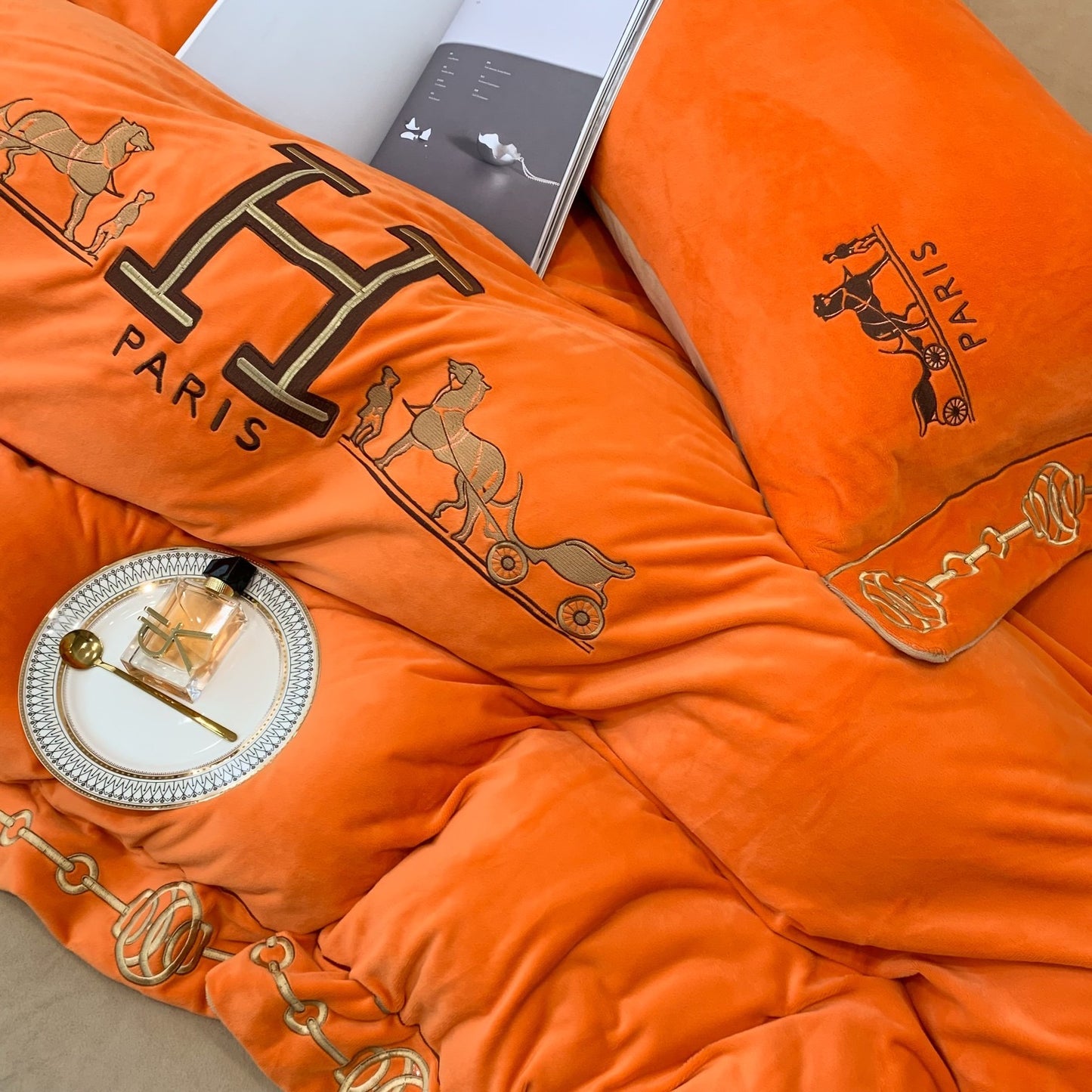 Classic Orange Hermes Big H Logo Milk Velvet Bedding Set