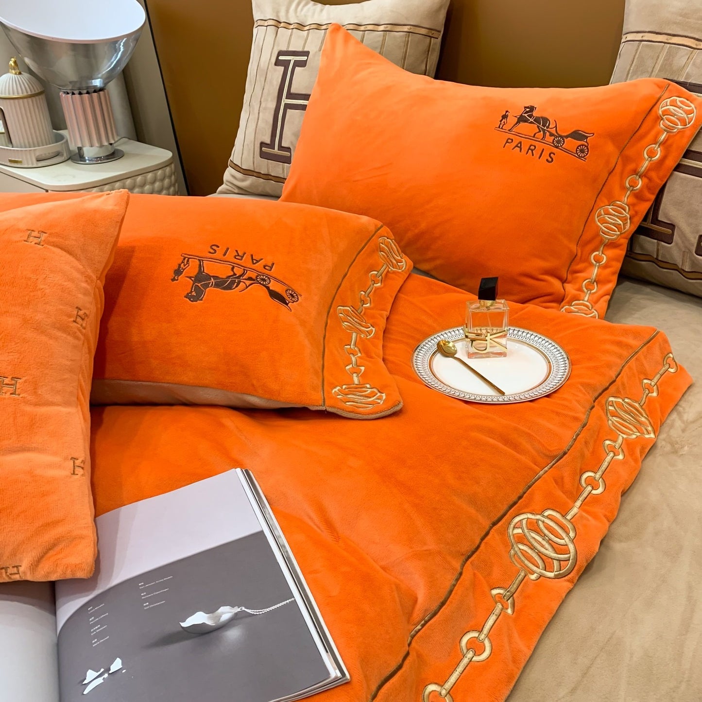 Classic Orange Hermes Big H Logo Milk Velvet Bedding Set