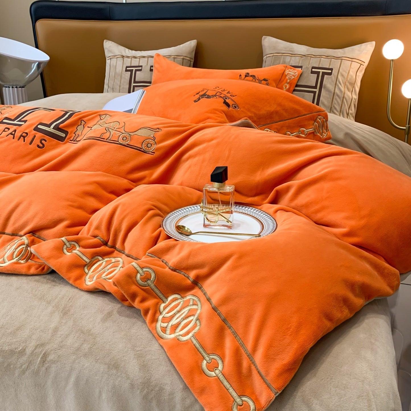 Classic Orange Hermes Big H Logo Milk Velvet Bedding Set