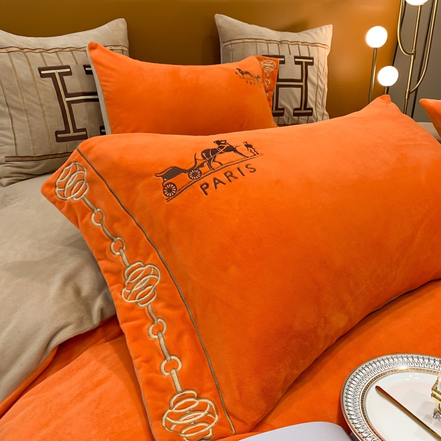 Classic Orange Hermes Big H Logo Milk Velvet Bedding Set