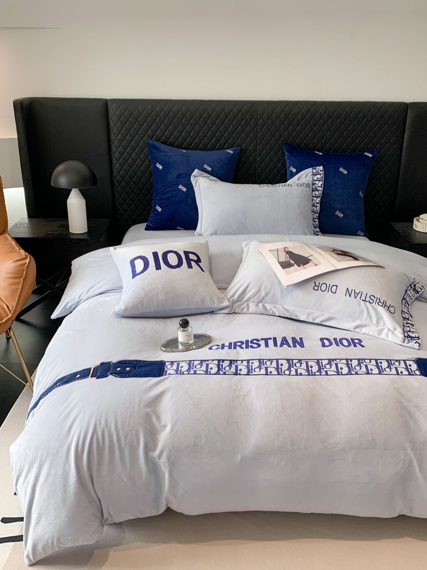 Simple Blue Christian Dior Design Milk Velvet Bedding Set