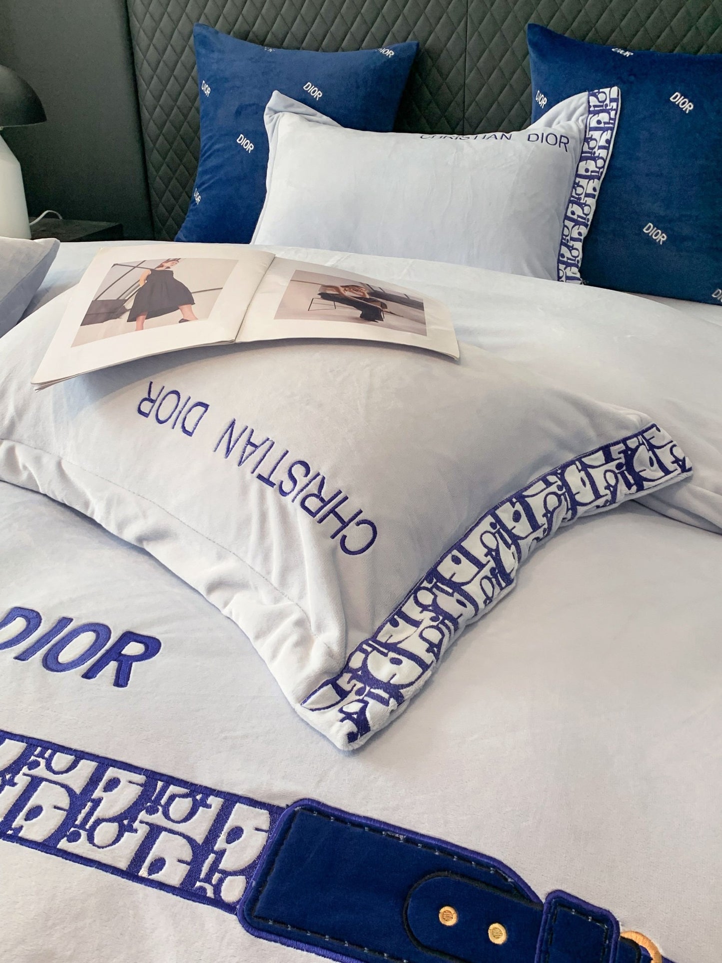 Simple Blue Christian Dior Design Milk Velvet Bedding Set