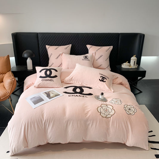 Pink Chanel Flower Milk Velvet Bedding Set