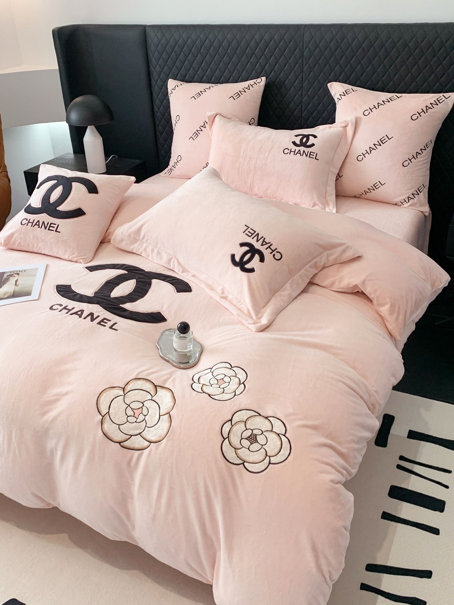 Pink Chanel Flower Milk Velvet Bedding Set