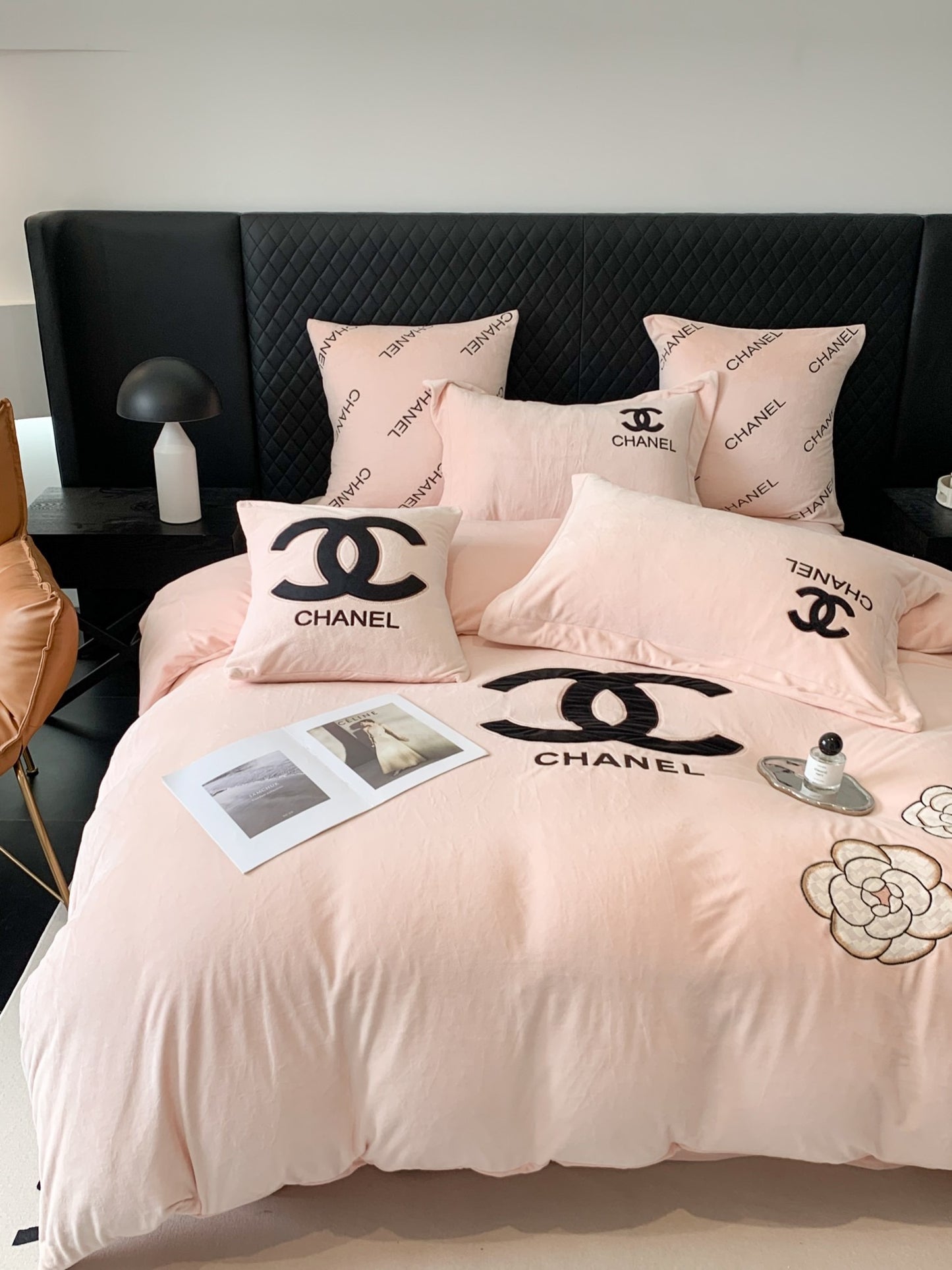 Pink Chanel Flower Milk Velvet Bedding Set