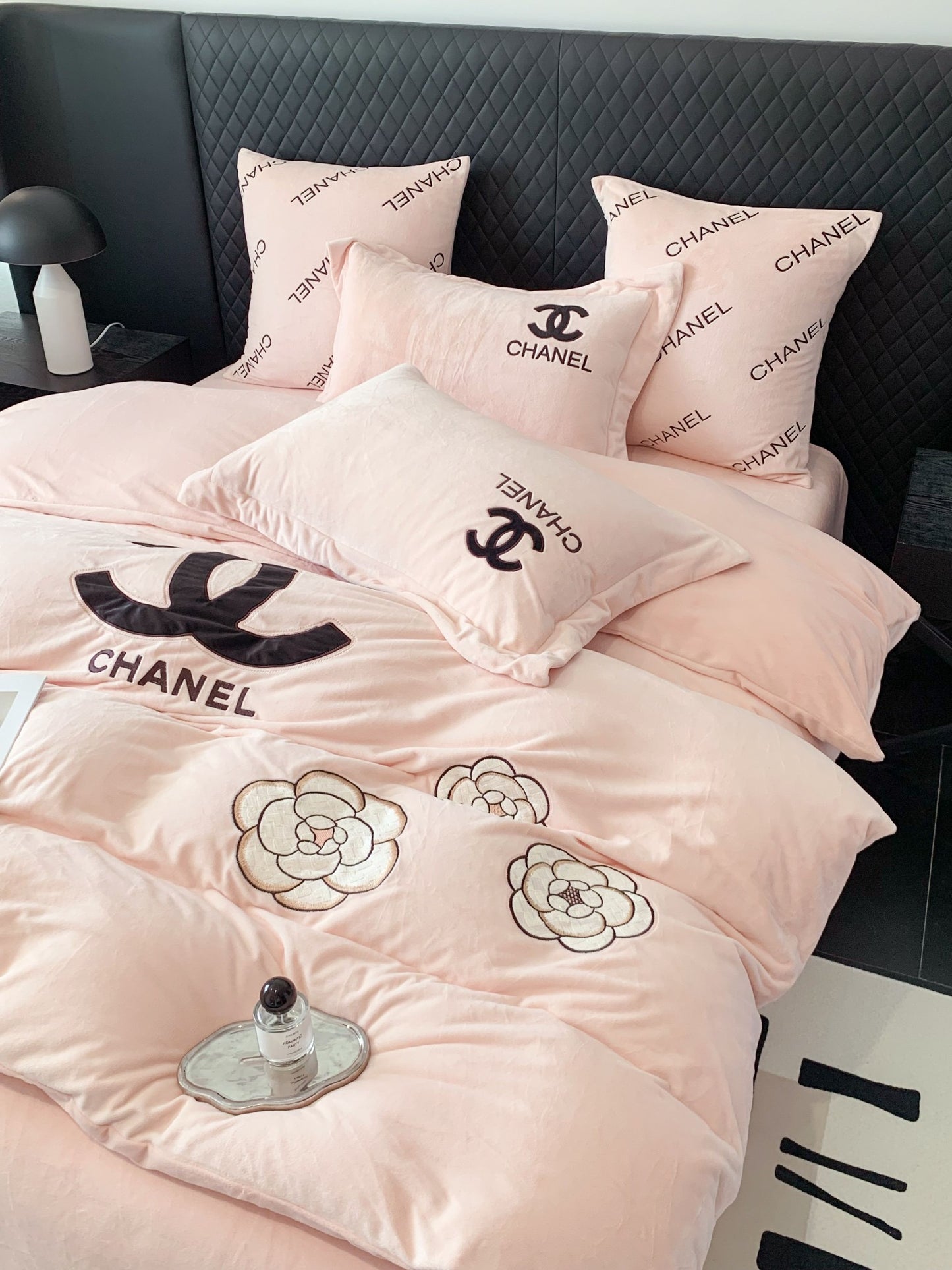 Pink Chanel Flower Milk Velvet Bedding Set