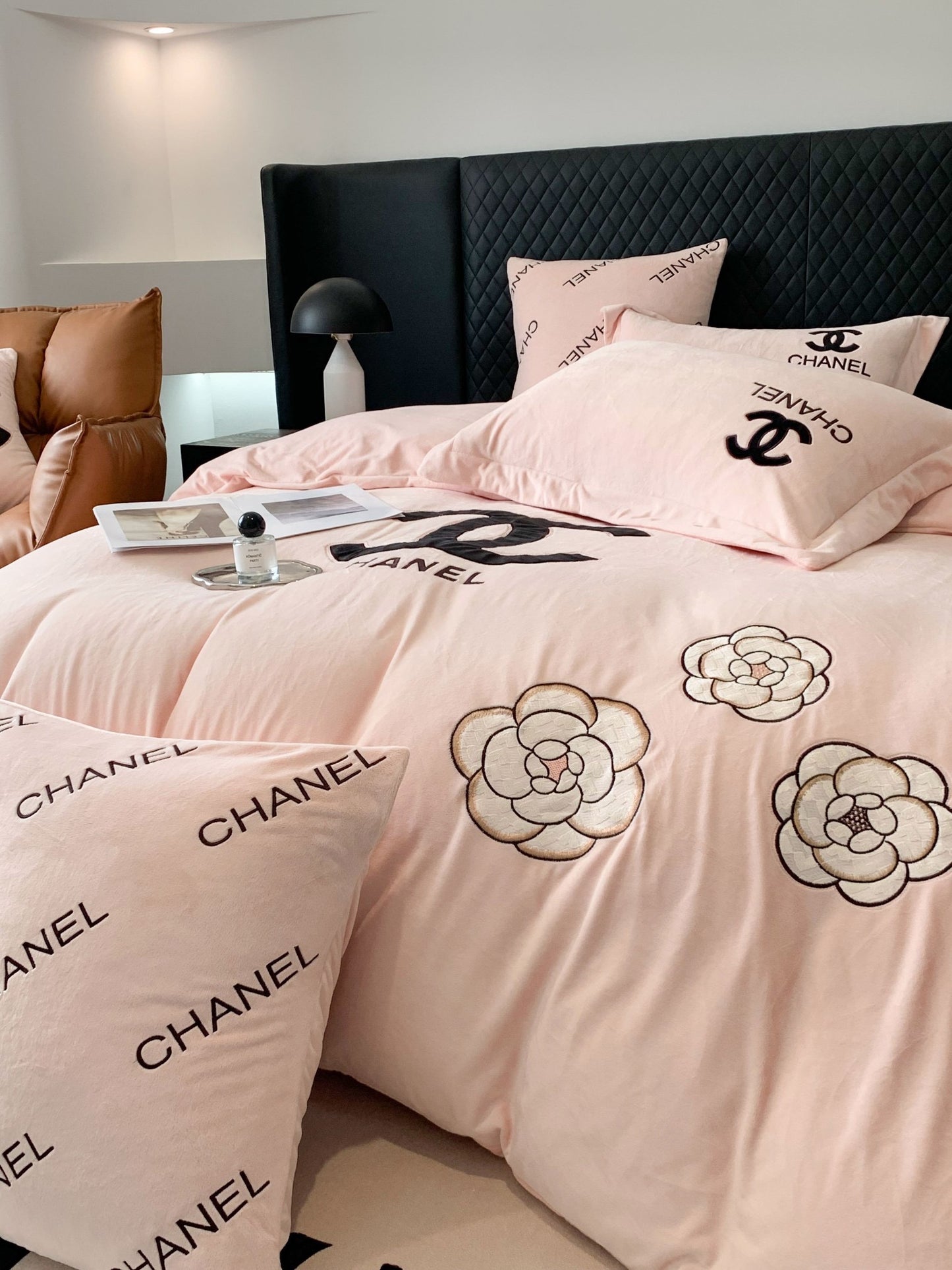 Pink Chanel Flower Milk Velvet Bedding Set