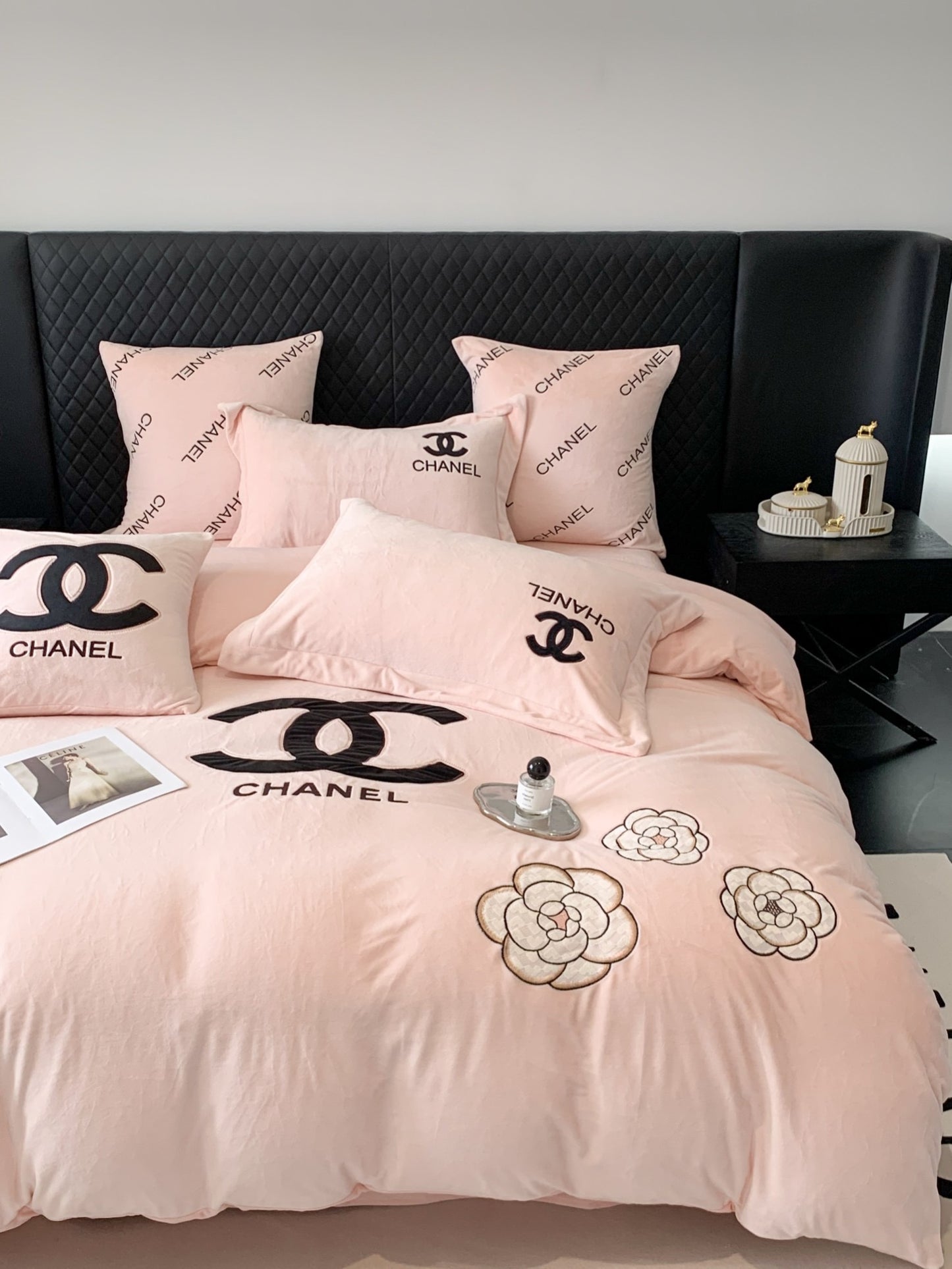 Pink Chanel Flower Milk Velvet Bedding Set