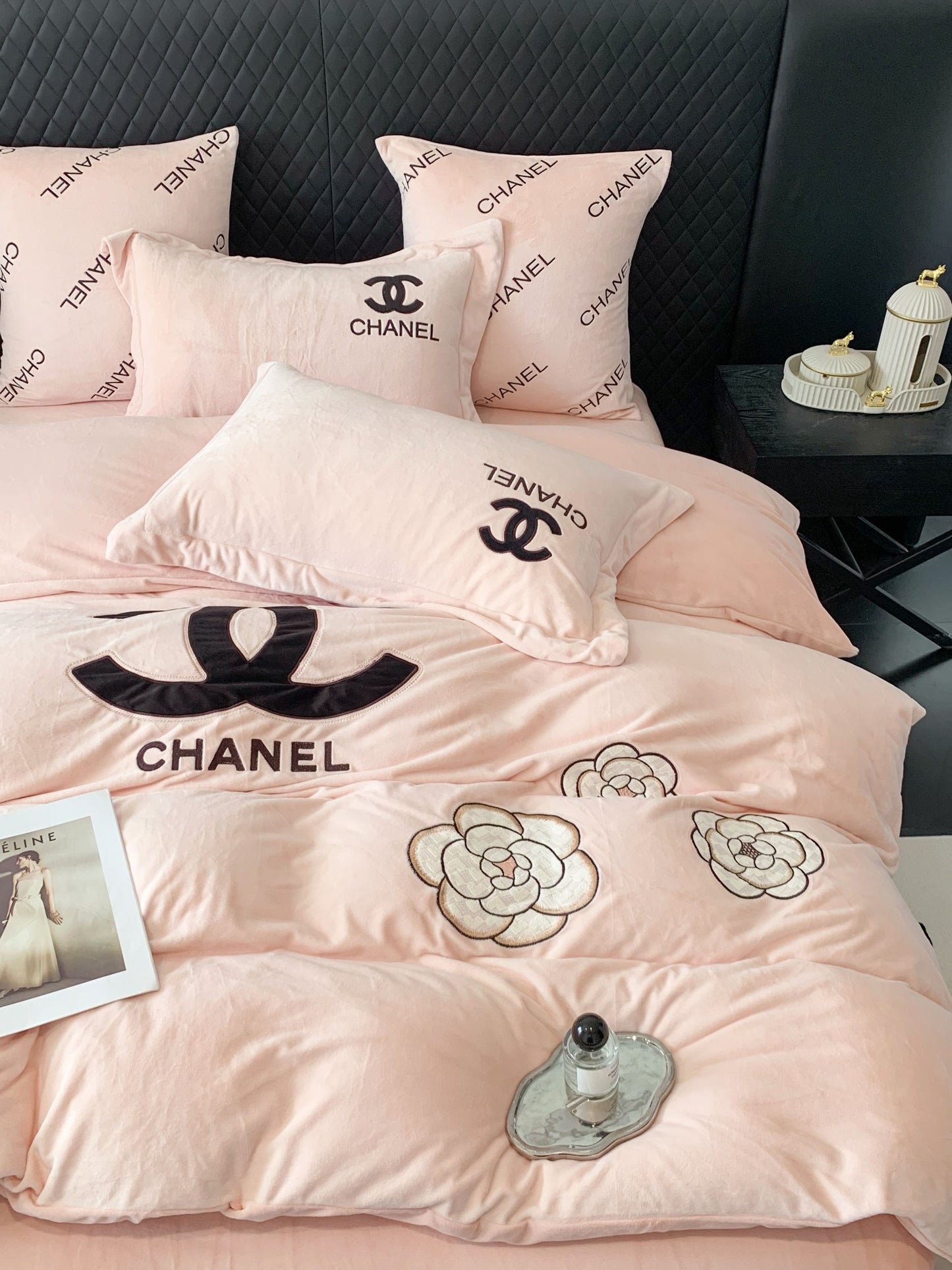 Pink Chanel Flower Milk Velvet Bedding Set