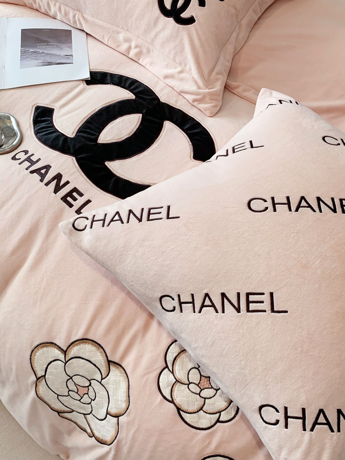 Pink Chanel Flower Milk Velvet Bedding Set