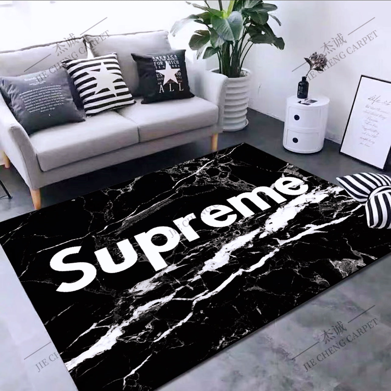 Plain Black White Supreme Branded Logo Design Rectangle Carpet Modern Home Decoration Rugs (SP078)