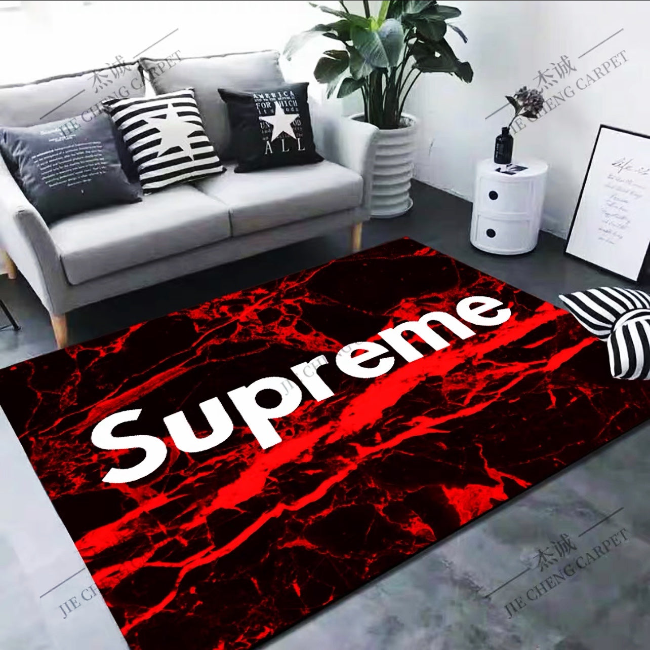 Supreme Black Red Plain Logo Design Rectangle Carpet Modern Home Decoration Area Rugs (SP076)