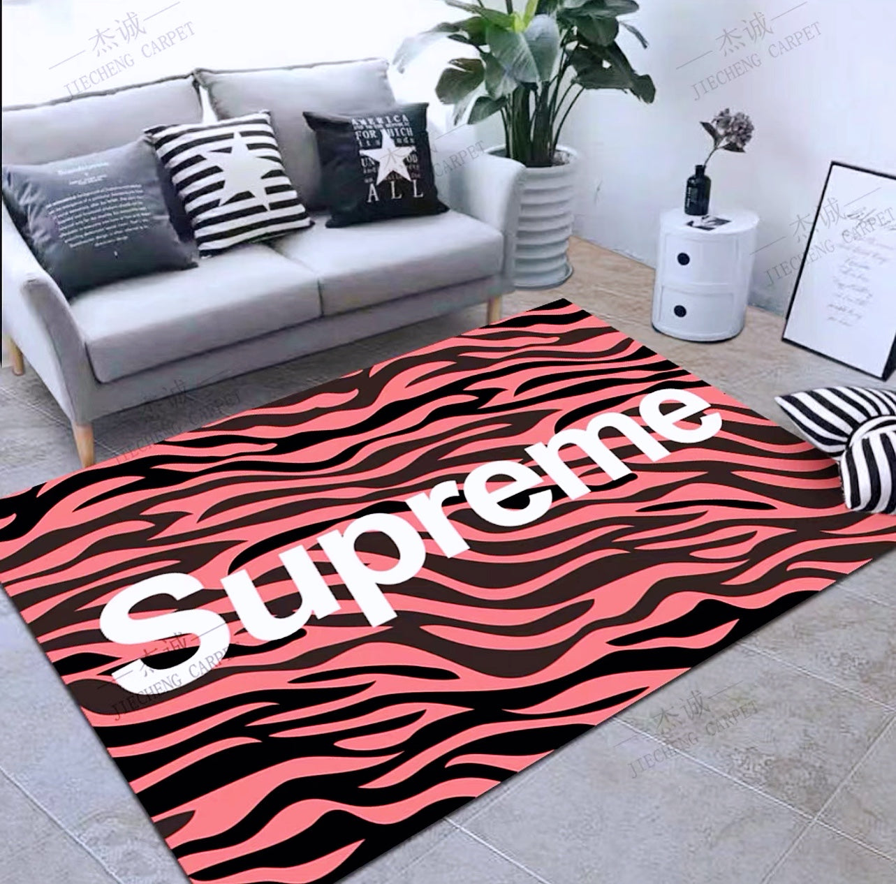 Pinky Zebra Line Supreme Streetwear Brand Logo Design Rectangle Carpet Modern Home Decoration Area Rugs (SP065)