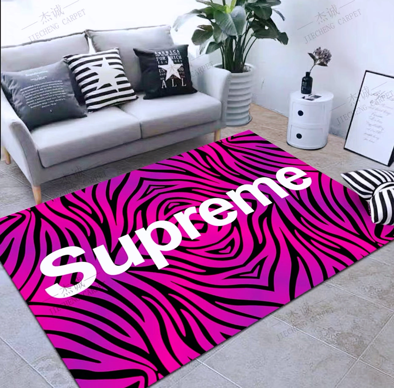 Black Pink Zebra Line Design Supreme Logo Rectangle Carpet Modern Home Decoration Rugs (SP062)