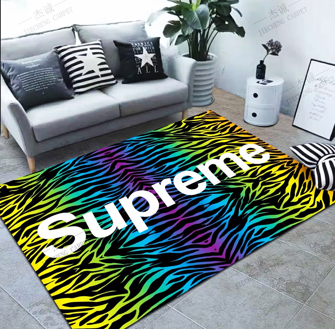 3 Tone Colour Zebra Line Design Supreme Logo Rectangle Carpet Modern Home Decoration Rugs (SP061)