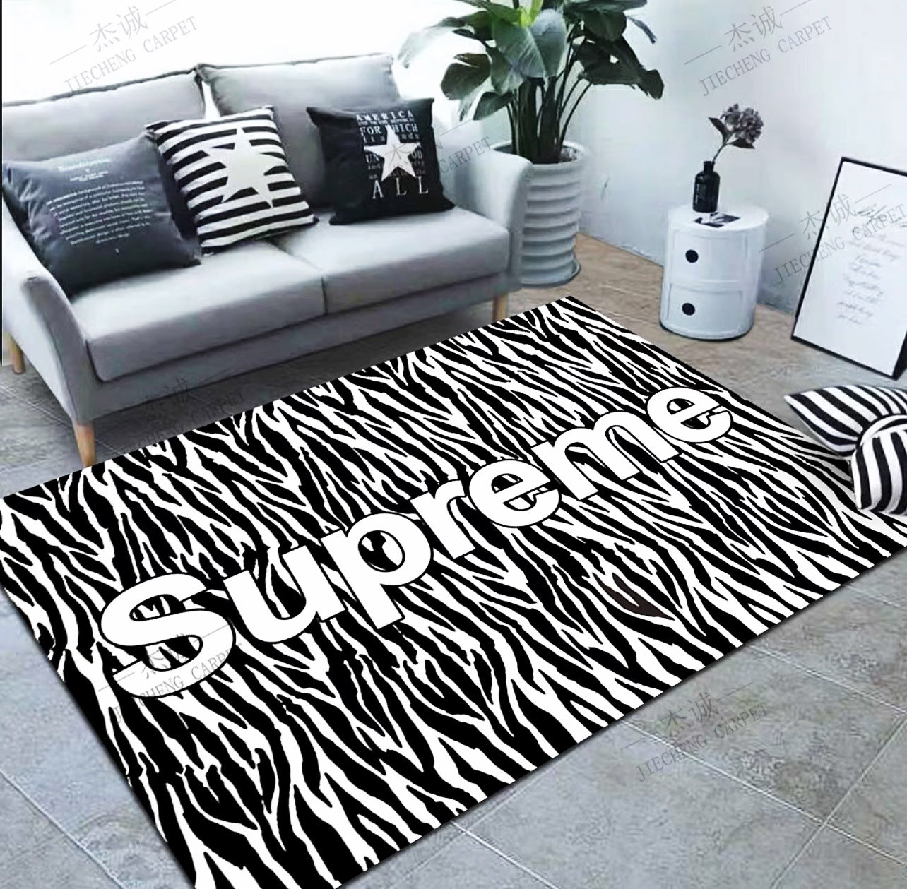 Black White Zebra Line Design Supreme Logo Rectangle Carpet Simple Modern Home Decoration Area Rugs (SP060)