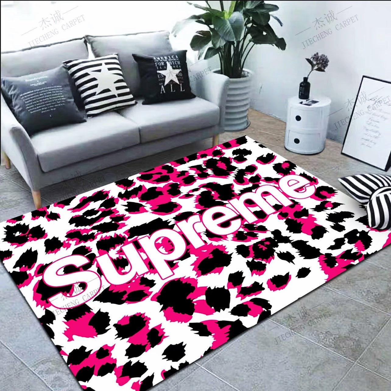 Pinky Leopard Print Supreme Brand Logo Design Rectangle Carpet Modern Home Decoration Rugs (SP041)