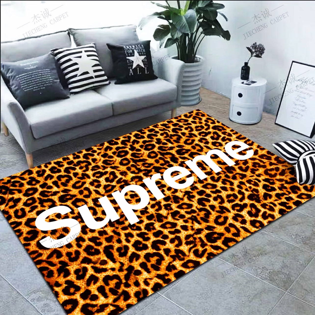 Luxury Gold Leopard Print Supreme Logo Design Rectangle Carpet Modern Home Decoration Rugs (SP040)