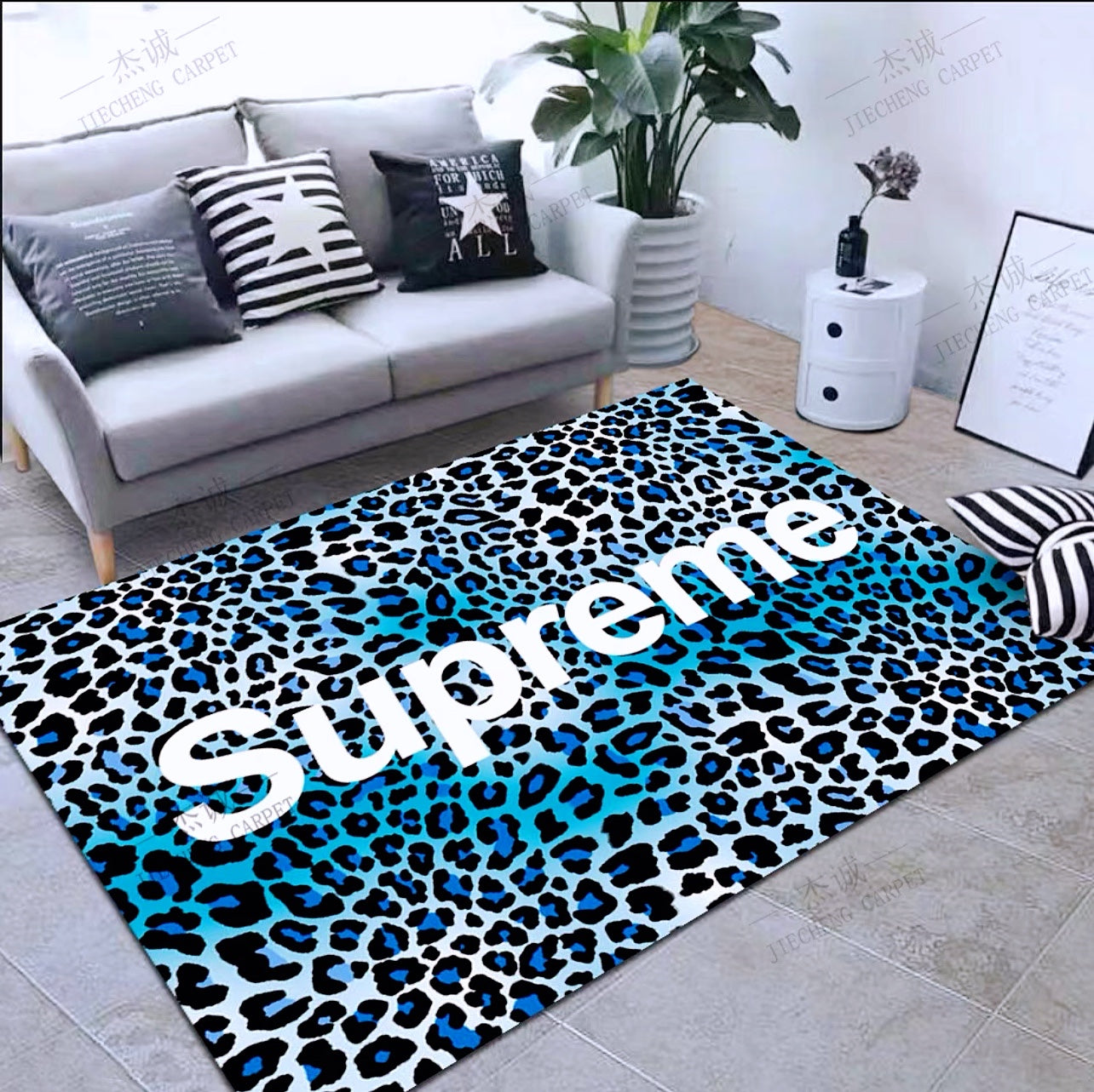 Supreme Streetwear Brand Logo Blue Leopard Print Design Rectangle Carpet Luxury Home Decoration Rugs (SP039)