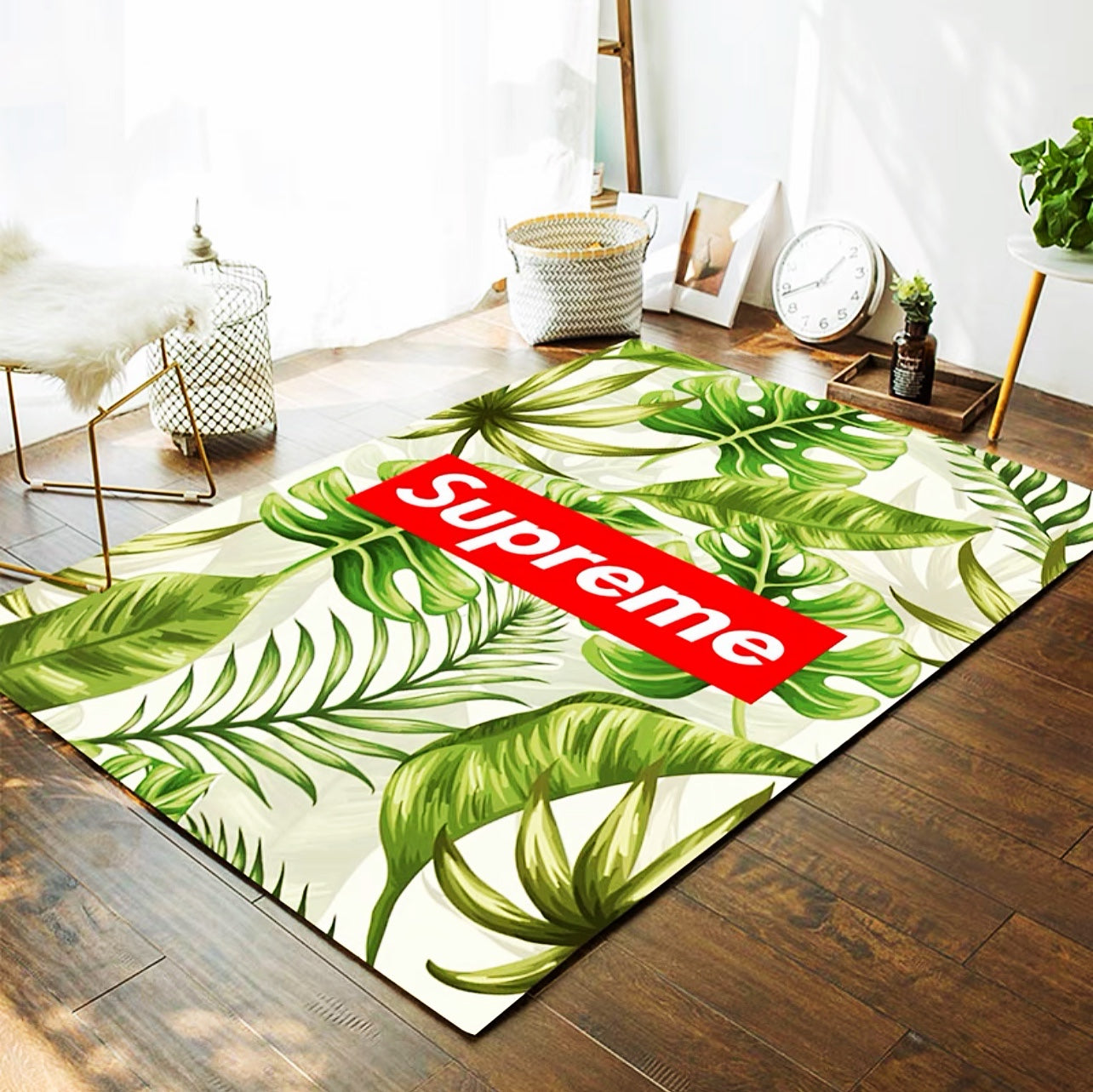 Natural Green Leaf Supreme Logo Design Rectangle Carpet Simple Home Decoration Rugs (SP036)