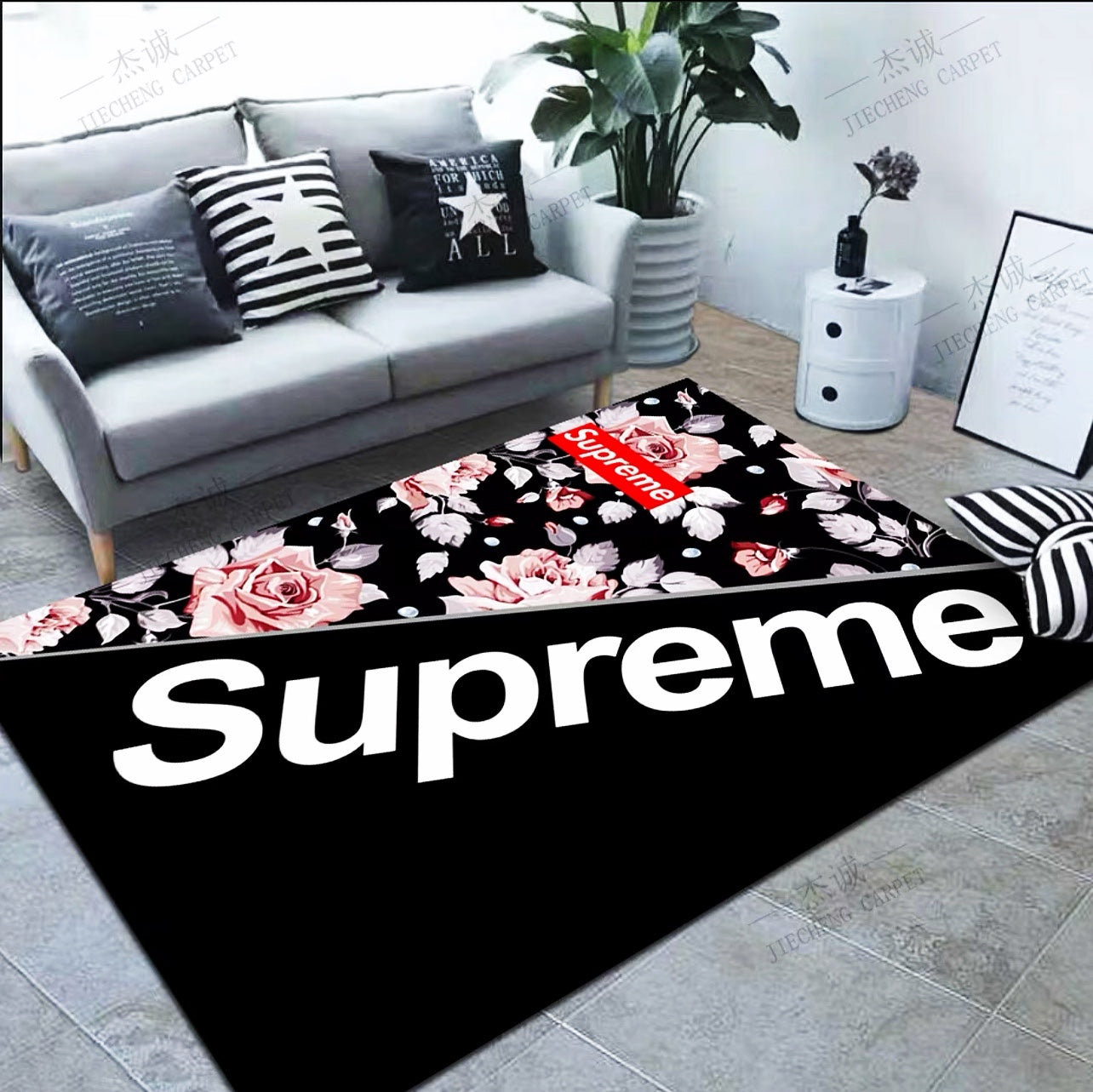 Pink Rose Streetwear Brand Plain Supreme Logo Design Rectangle Carpet Modern Home Decoration Rugs (SP035)