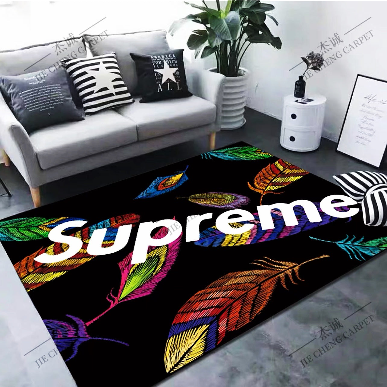 Rainbow Feather Background Supreme Logo Design Rectangle Carpet Simple Home Decoration Rugs (SP025)