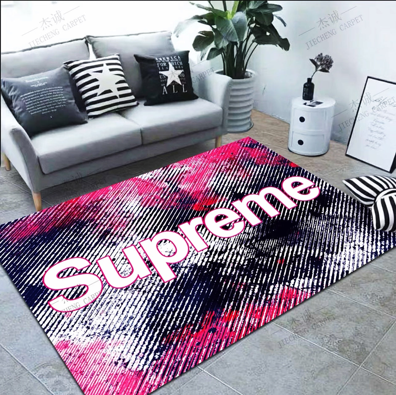 Black Pink Background Streetwear Brand Supreme Logo Rectangle Carpet Modern Home Decoration Rugs (SP023)