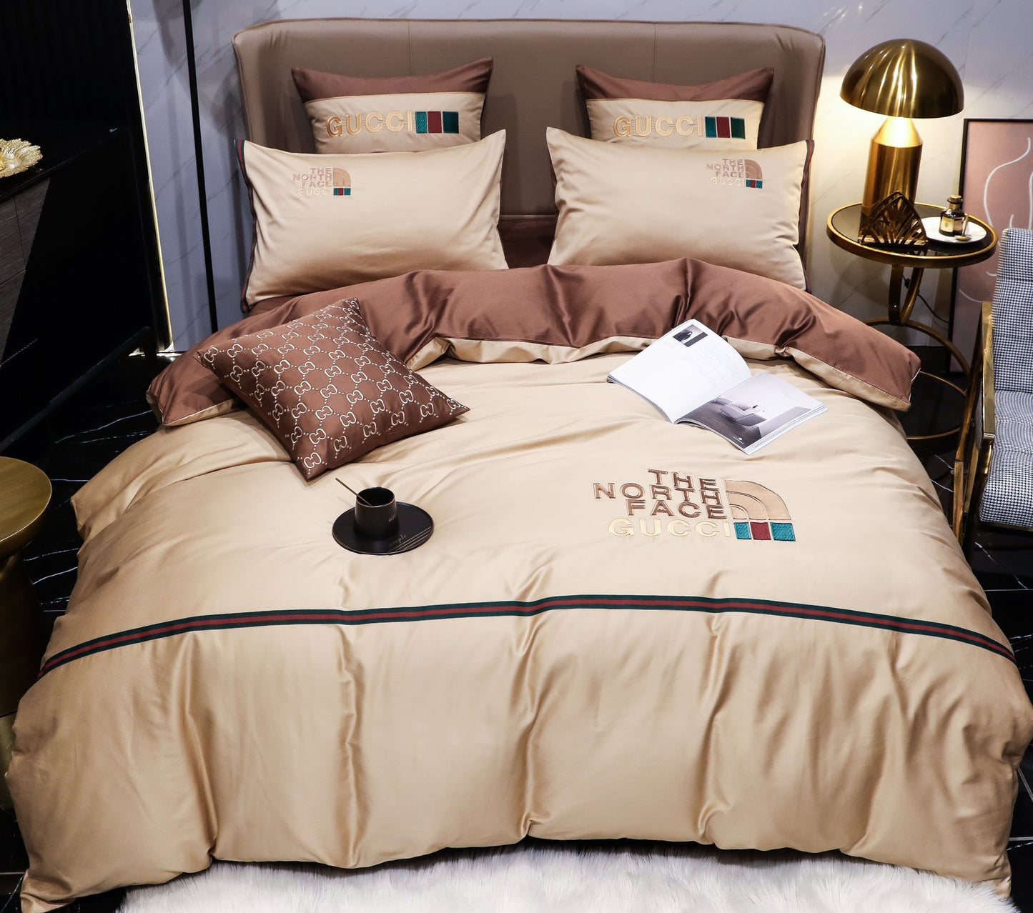 Gucci X The North Face Luxury Branded Design Bed Sheet Egyptian Cotton 4 Pieces Bedding Set