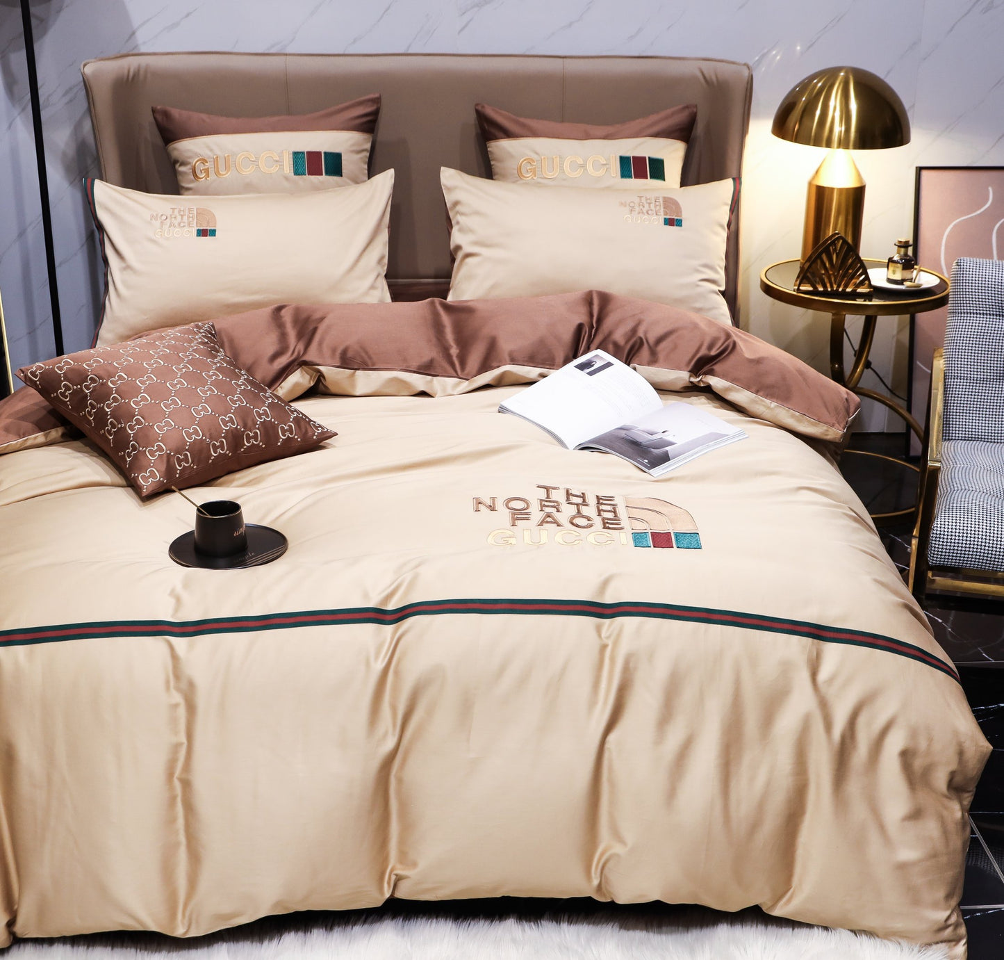 Gucci X The North Face Luxury Branded Design Bed Sheet Egyptian Cotton 4 Pieces Bedding Set