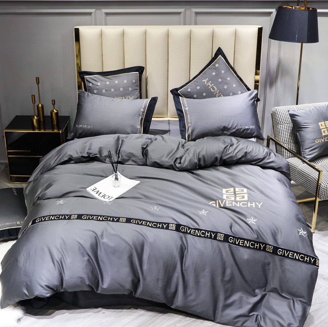 Givenchy Grey Design Bed Sheet Luxury Branded Logo Egyptian Cotton 4 Pieces Bedding Set