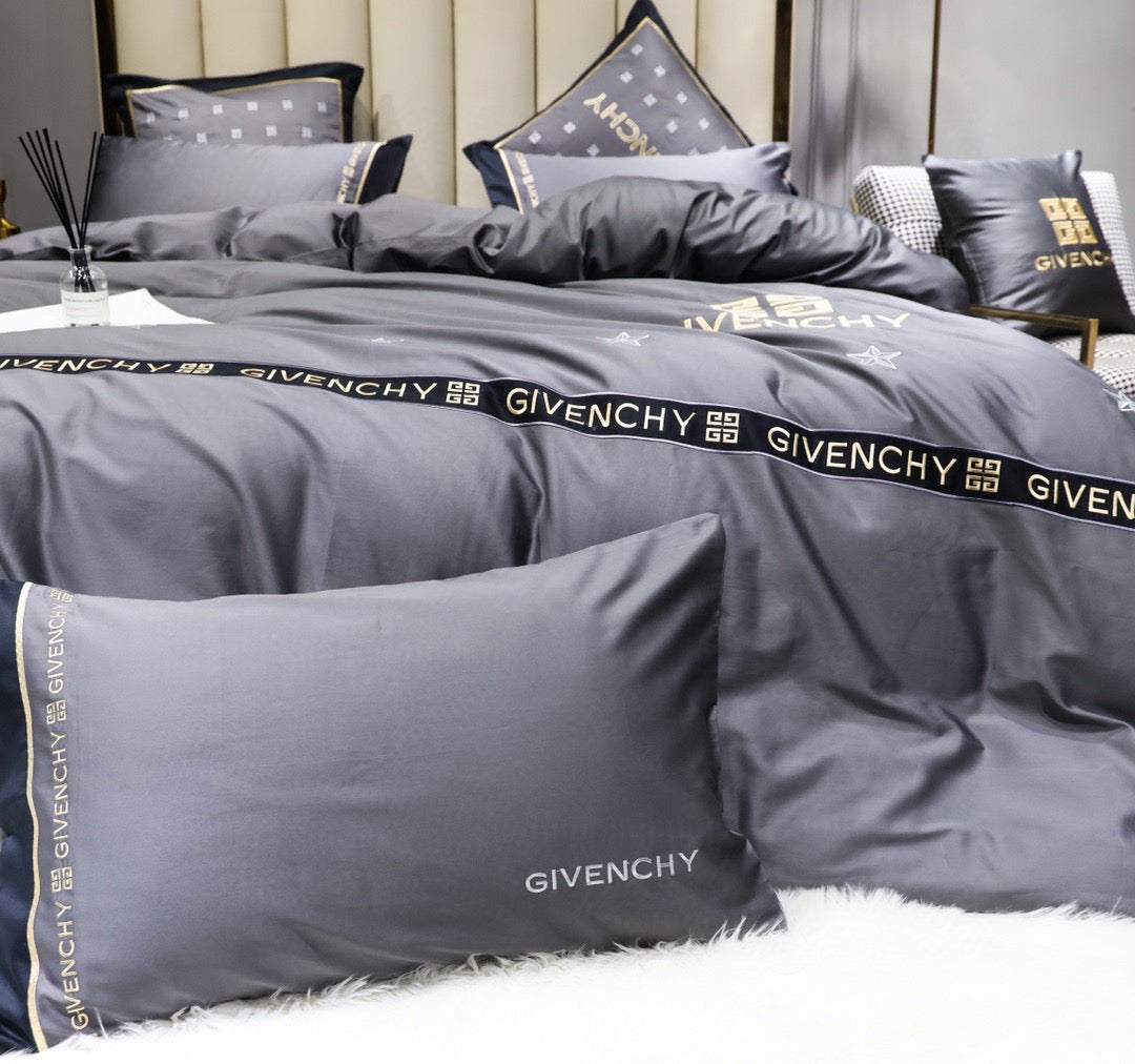 Givenchy Grey Design Bed Sheet Luxury Branded Logo Egyptian Cotton 4 Pieces Bedding Set