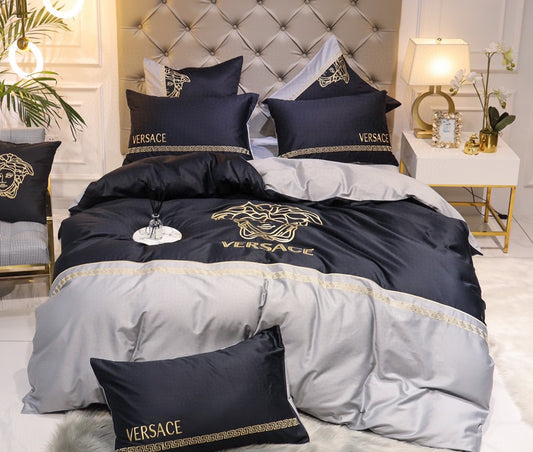 Versace Medusa Black Grey Bed Sheet Luxury Branded Logo Egyptian Cotton 4 Pieces Bedding Set