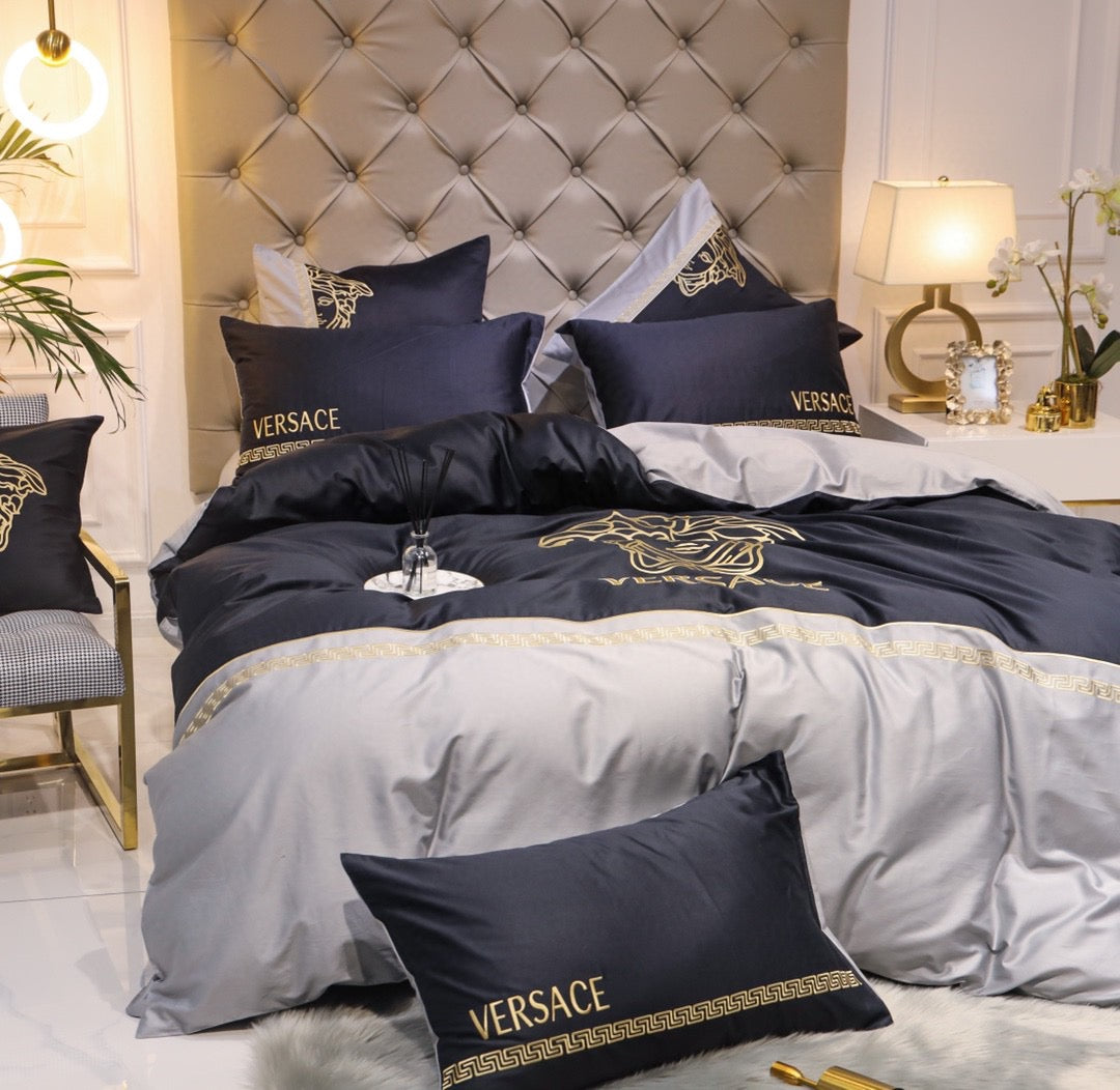 Versace Medusa Black Grey Bed Sheet Luxury Branded Logo Egyptian Cotton 4 Pieces Bedding Set