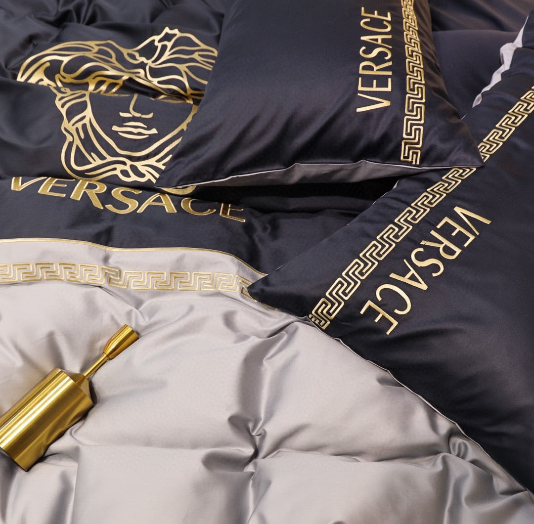 Versace Medusa Black Grey Bed Sheet Luxury Branded Logo Egyptian Cotton 4 Pieces Bedding Set