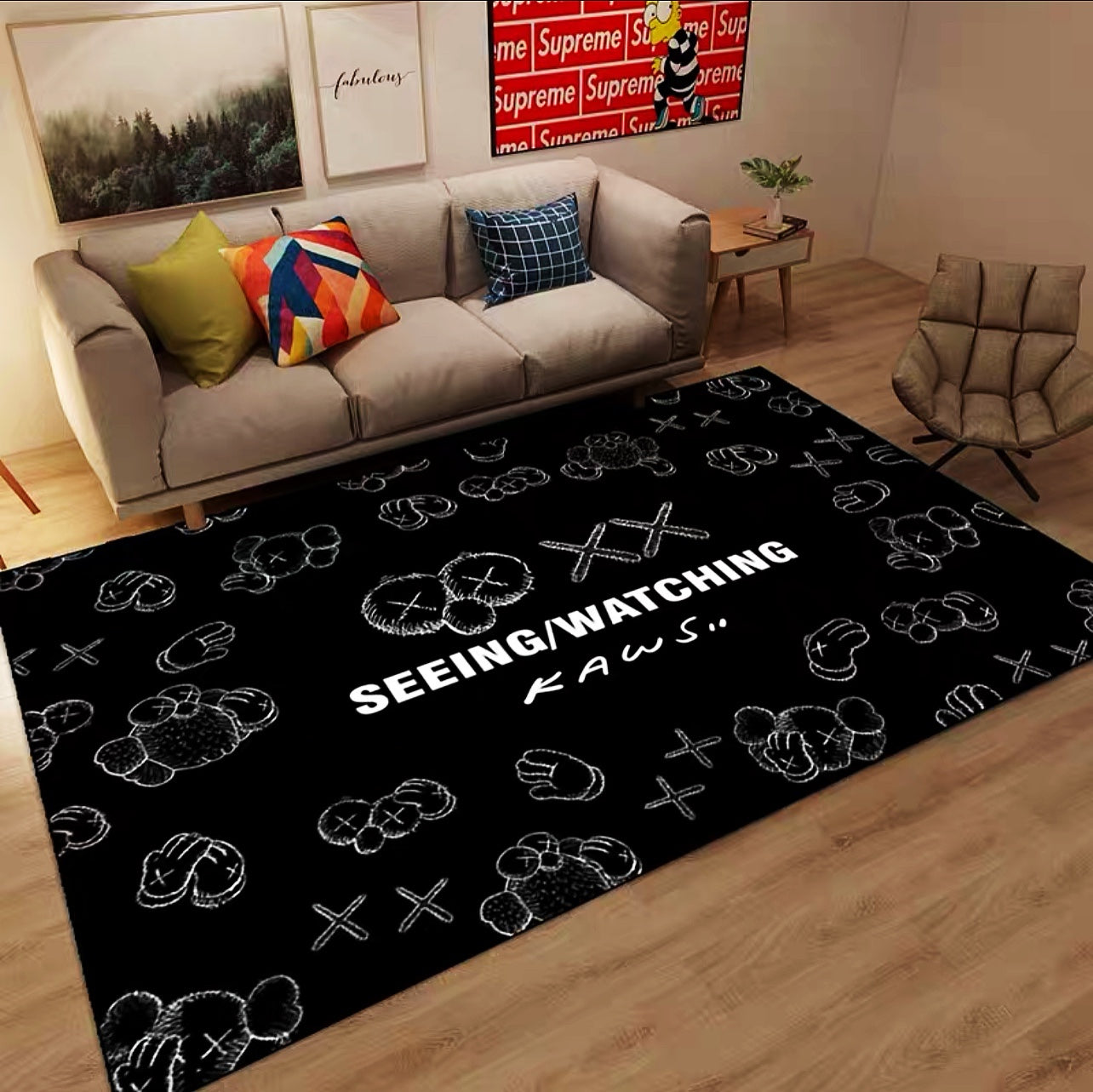 Black Kaws Sesame Street Design Rectangle Carpet Modern Home Decoration Area Rugs (K020)