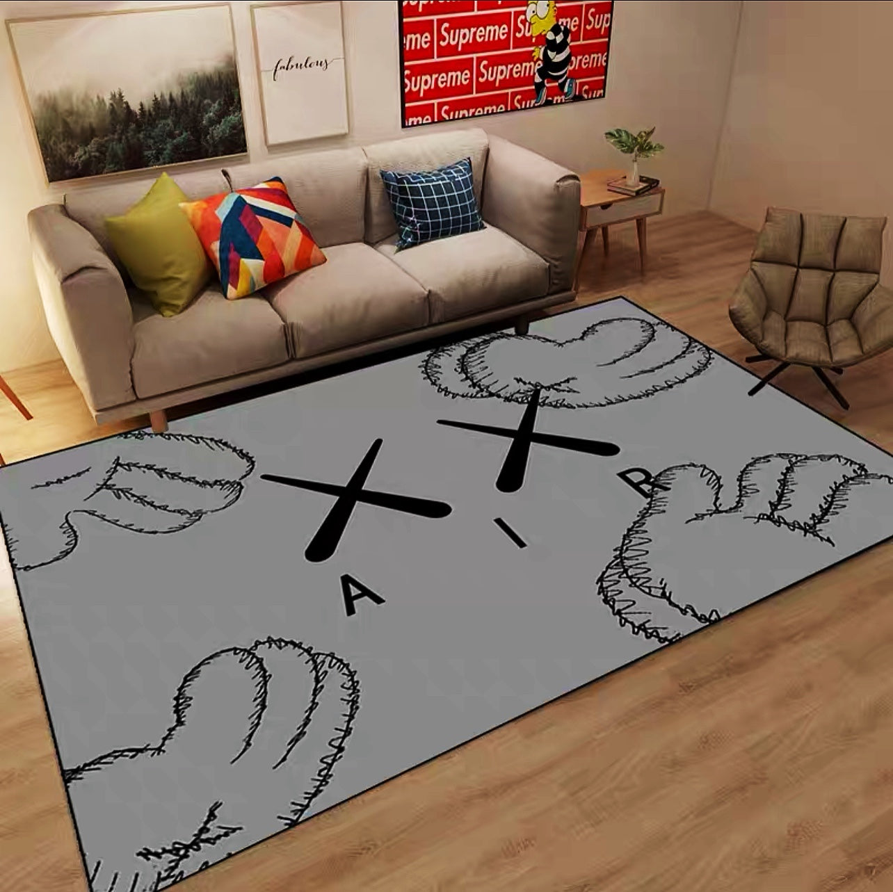 Grey Kaws Air Streetwear Branded Logo Design Rectangle Carpet Modern Home Decoration Rugs (K021)