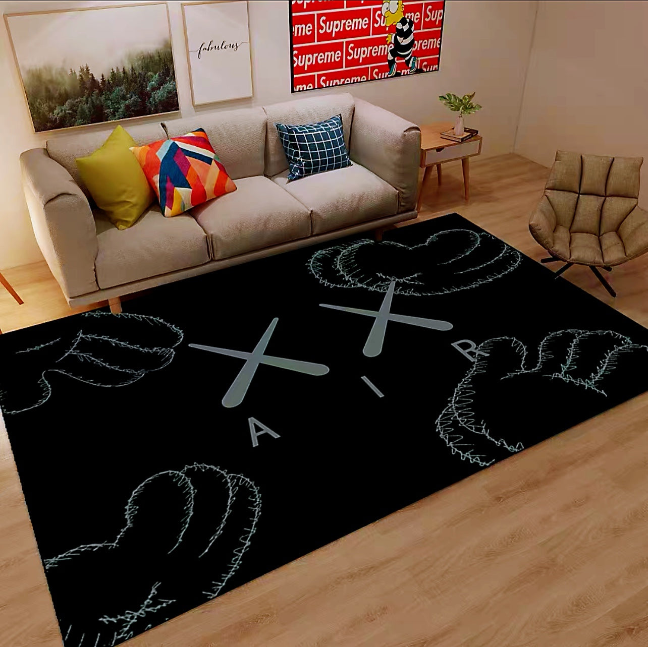 Plain Black Kaws Air Streetwear Branded Logo Rectangle Carpet Modern Home Decoration Area Rugs (K022)