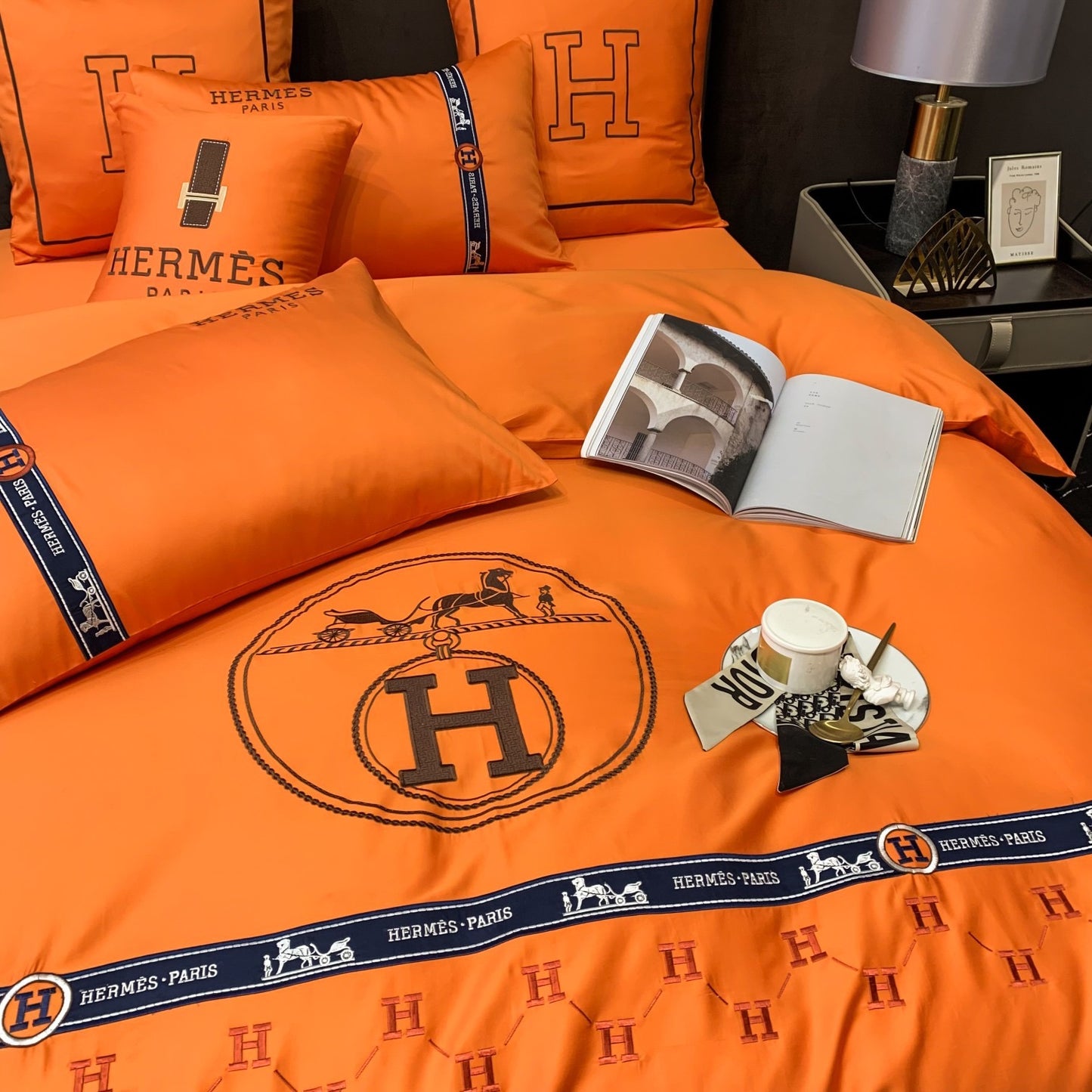 Classic Hermes Orange Bed Sheet Luxury Branded Logo Design Egyptian Cotton 4 Pieces Bedding Set