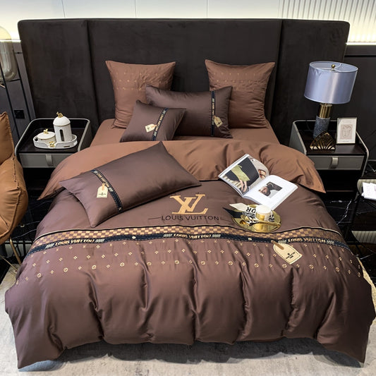 Luxury Branded Logo Louis Vuitton Bed Sheet Egyptian Cotton 4 Pieces Bedding Set